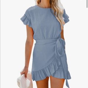 Wrap ruffle dress light blue scoop neck